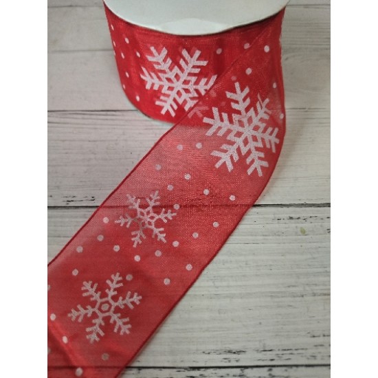 Лента органза 4 см "Снежинки" красный, цена за 1 м